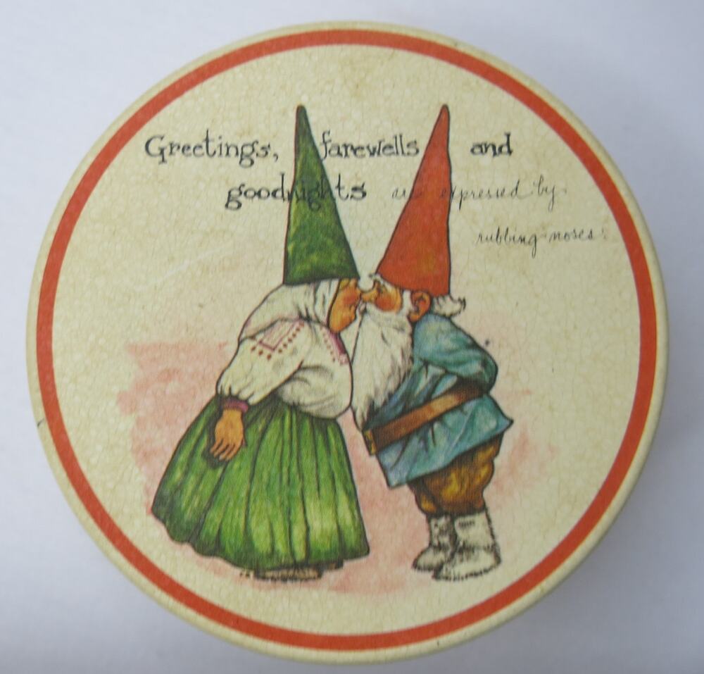 Vintage GNOME Tin Round 3 inches 1980 Potpourri Press Greetings Farewells